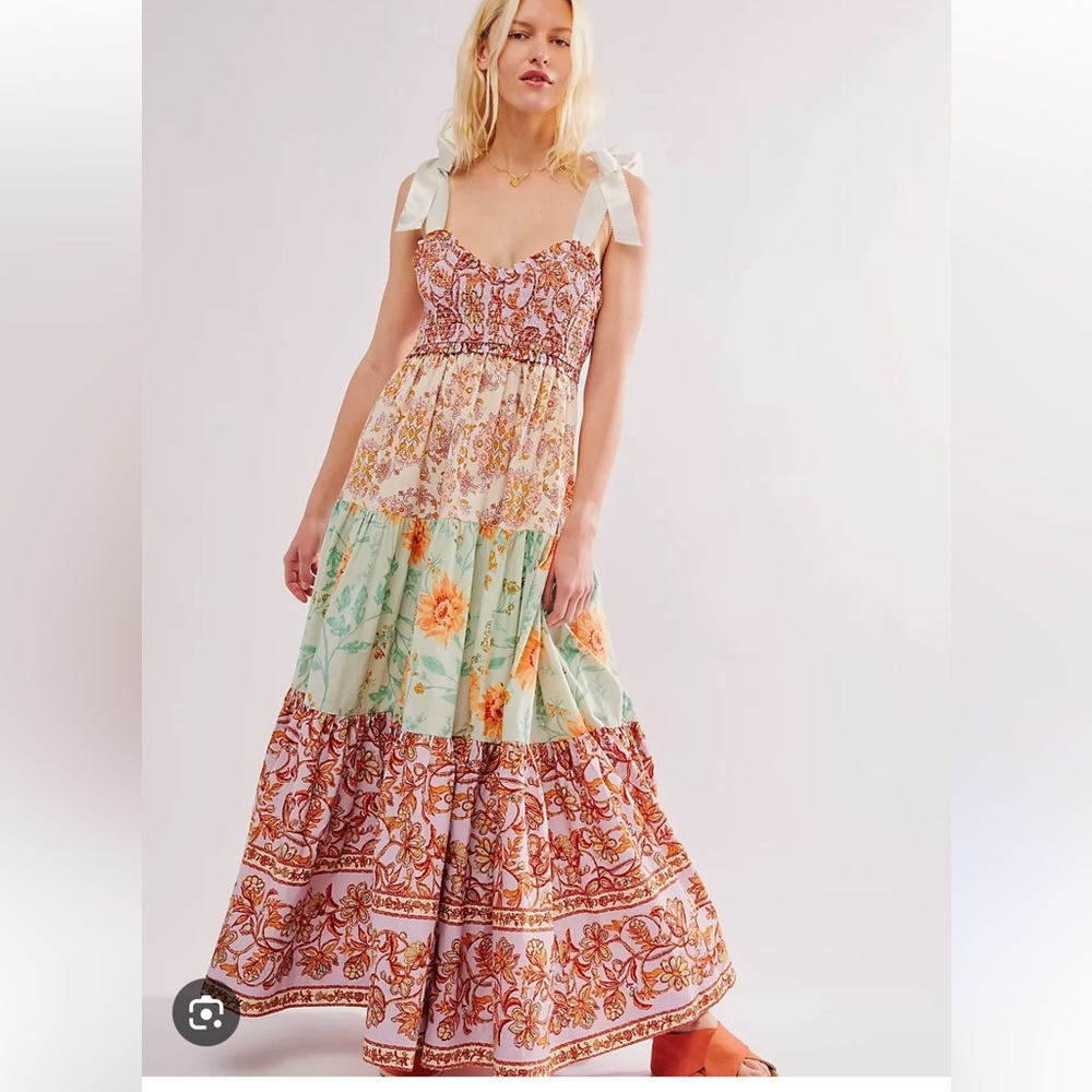 Free People Bluebell Tiered Colorful Printed Maxi Dress Lilac Combo